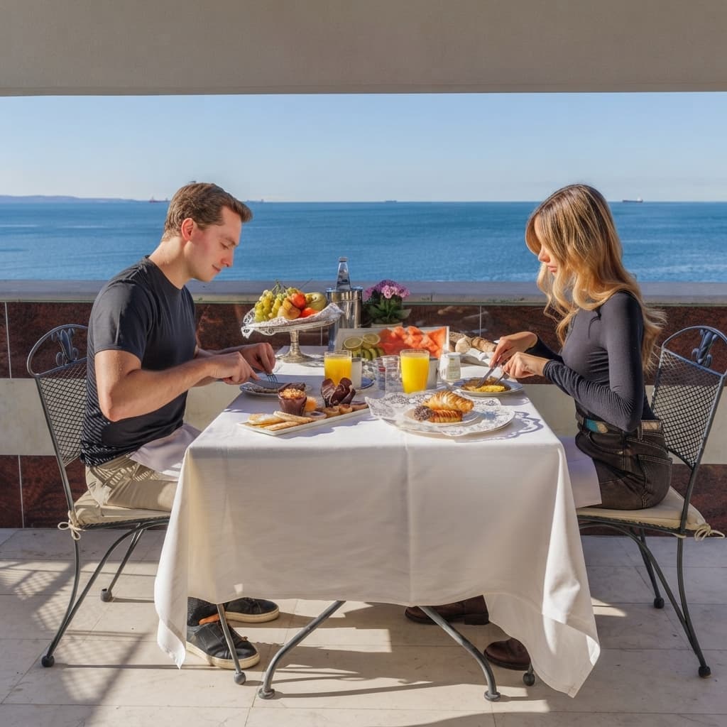 Couple dining on a private terrace overlooking the open blue Adriatic Sea