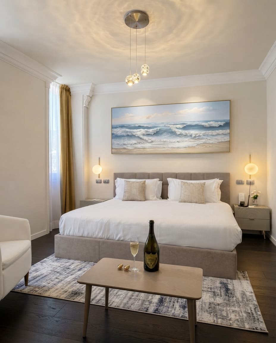 Luxury guest suite bedroom with ocean painting and elegant furnishings