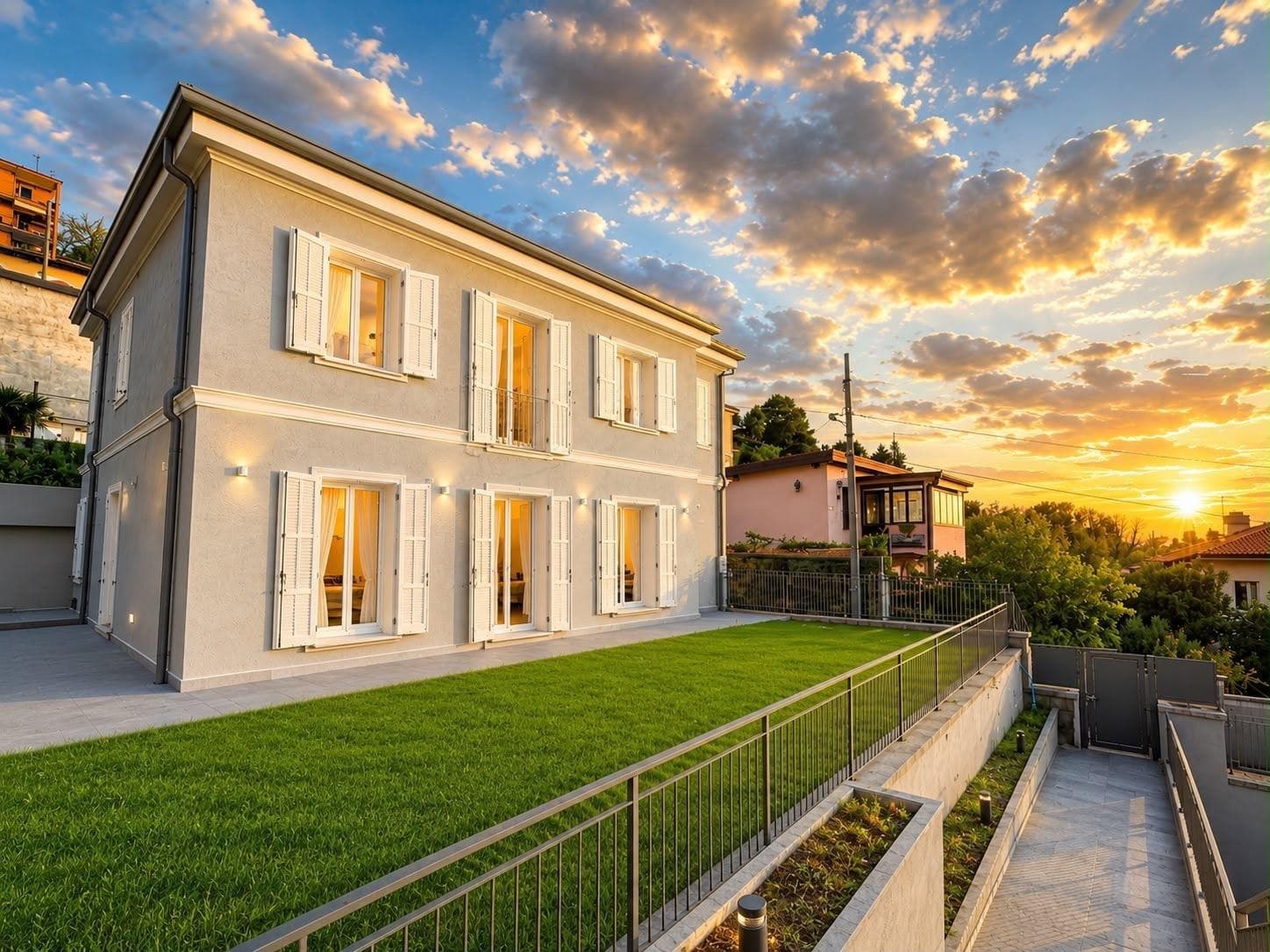 Restored Historic Villa Facade at Sunset