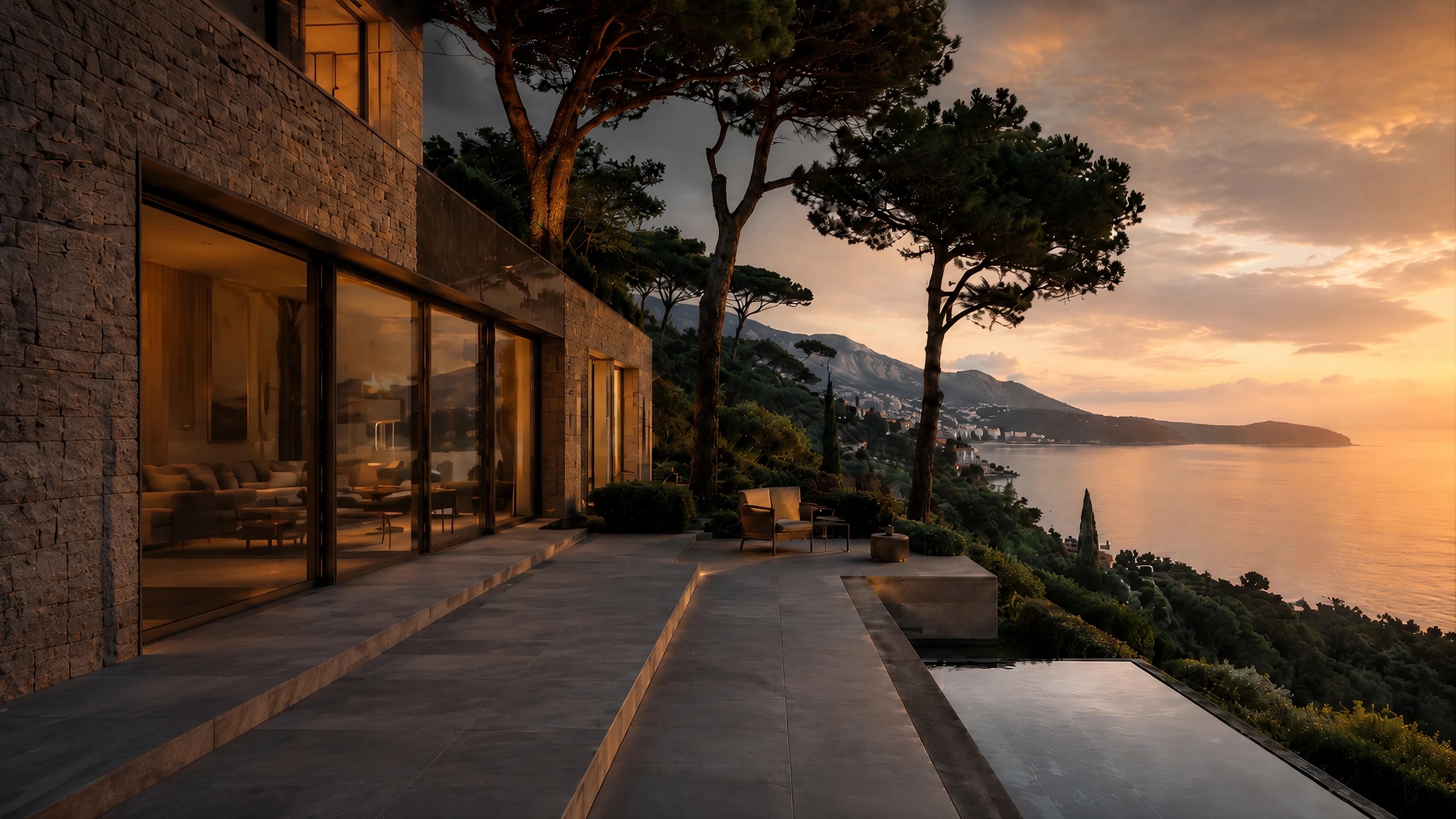 Architektonische Küstenatmosphäre beim Sonnenuntergang