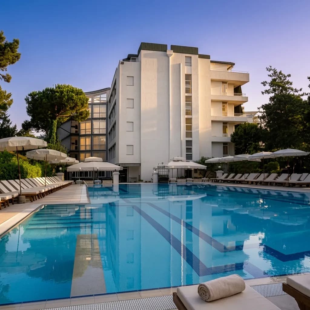 Outdoor thermal swimming pool and pine gardens