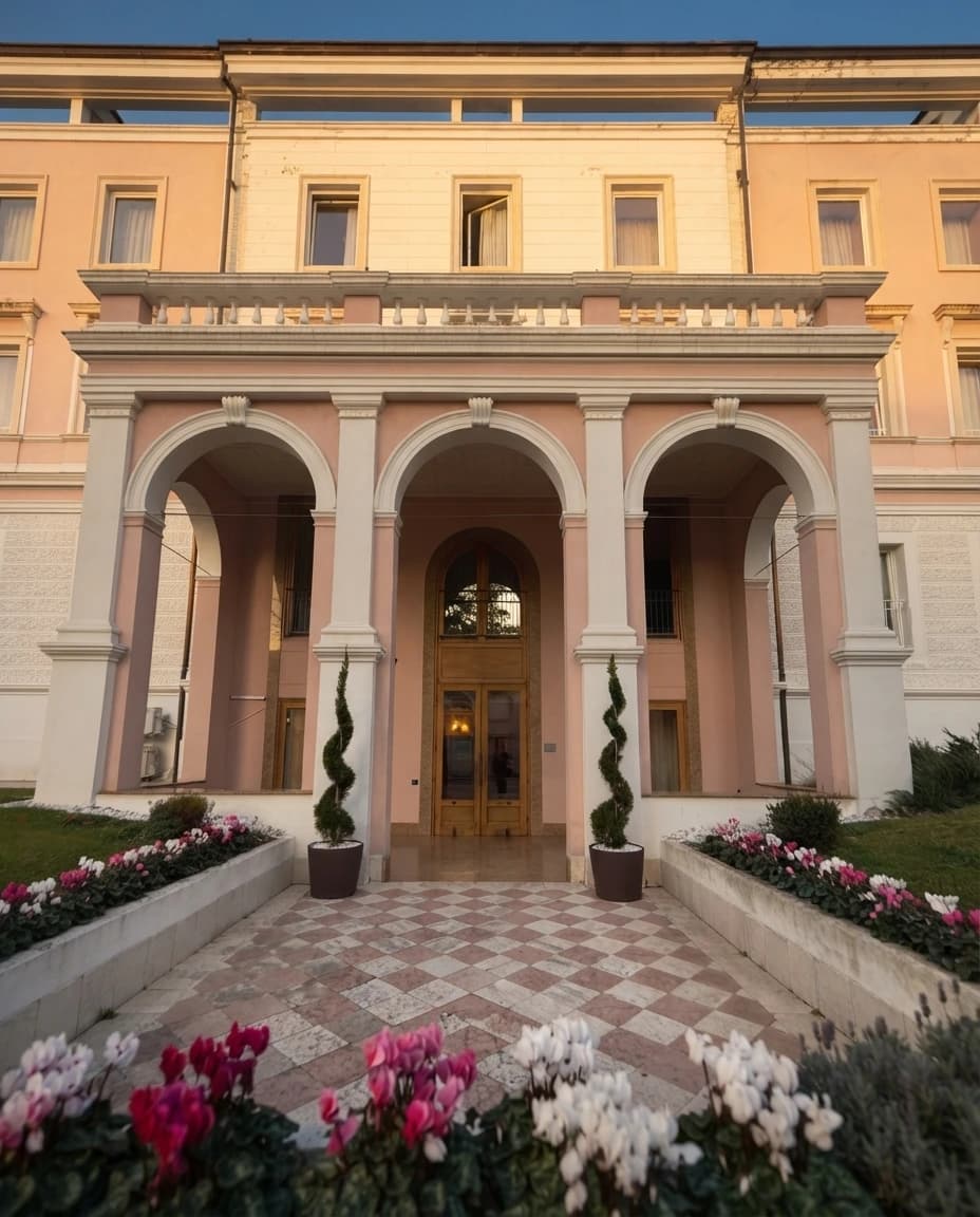 Hotel Maria Theresia neoclassical seafront facade in Trieste Barcola
