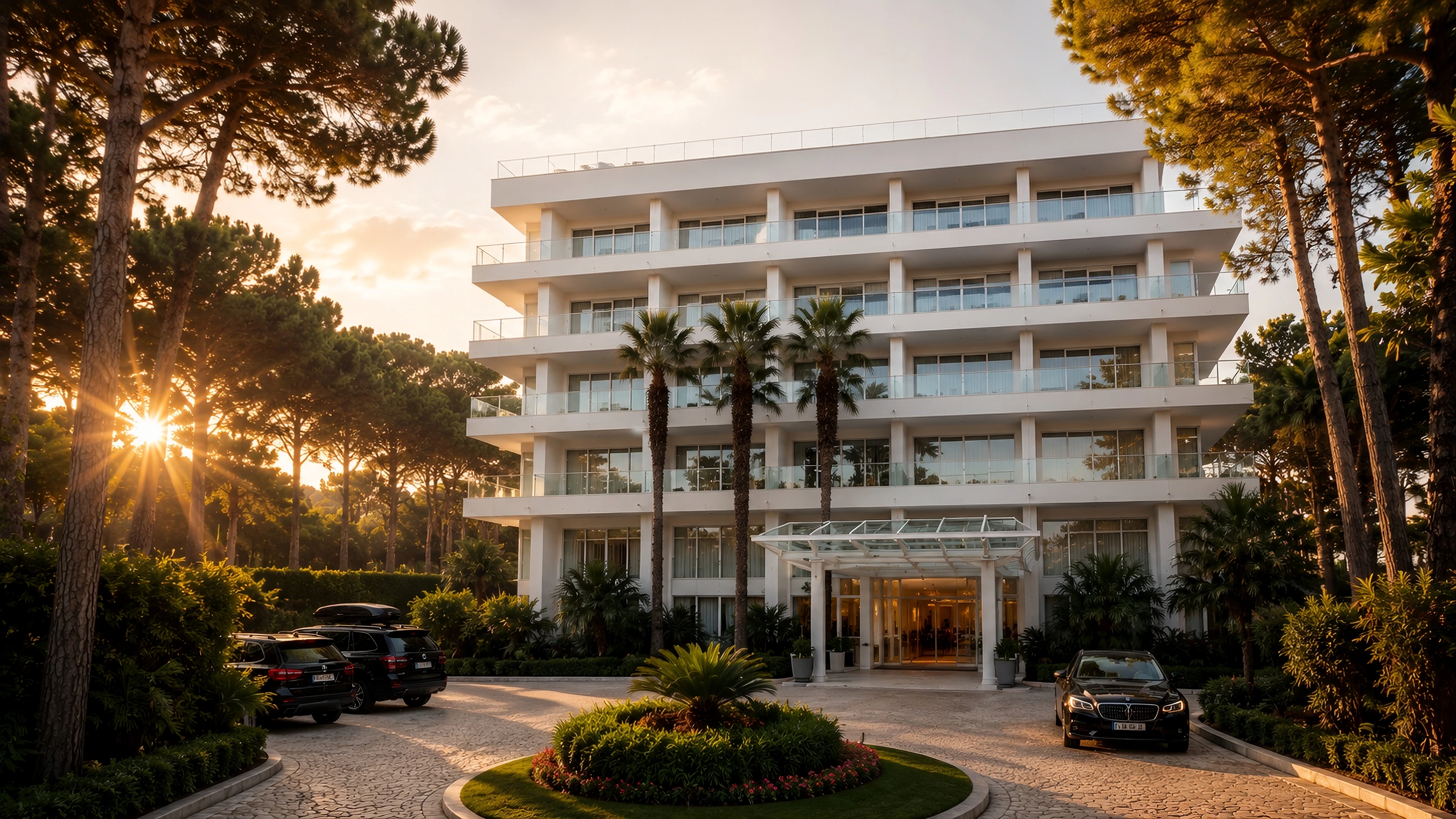 Hotel Greif exterior facade bathed in warm afternoon light in Lignano Pineta