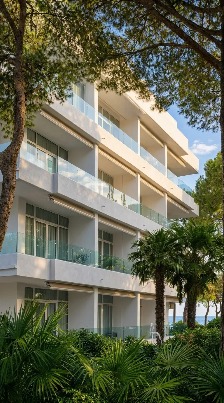 Hotel Greif balconies framed by mature maritime pine trees in Lignano Pineta