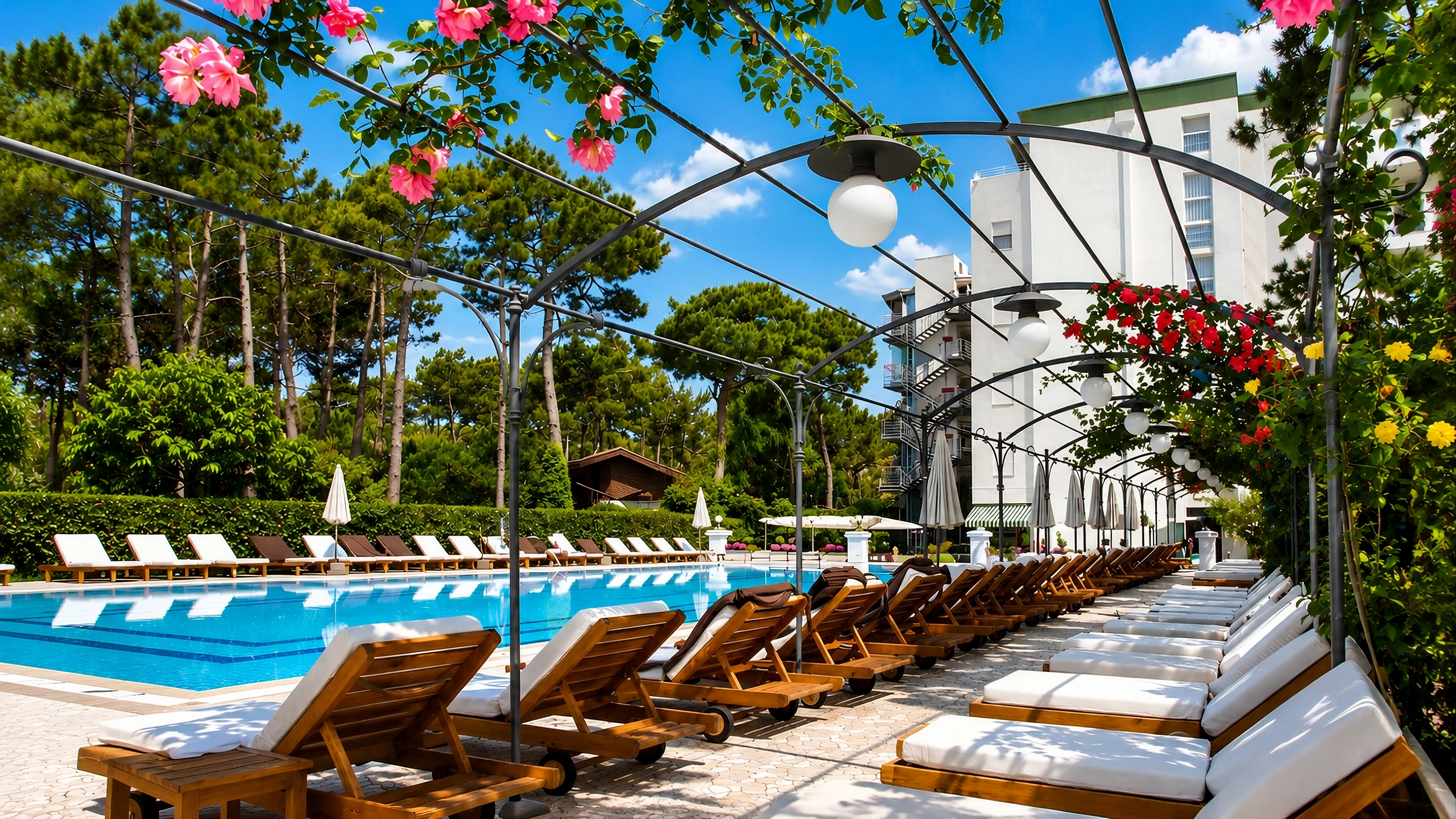 Poolside sun loungers set within private landscaped pinewood gardens