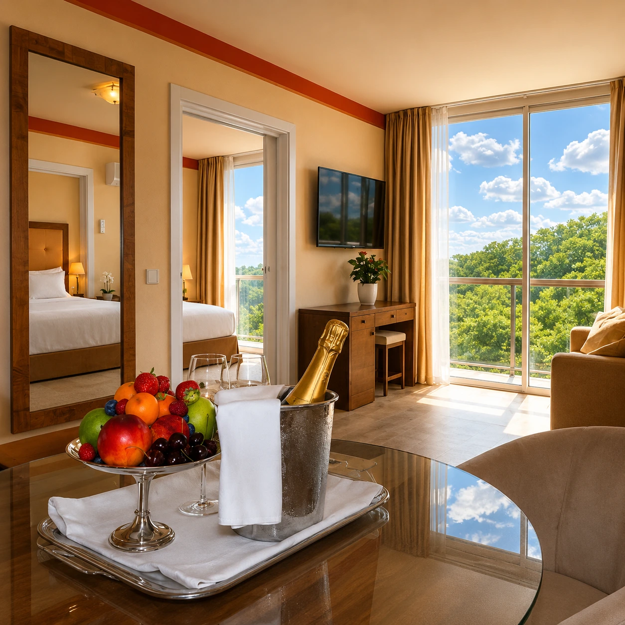 Executive Suite master bedroom featuring custom Italian wood design