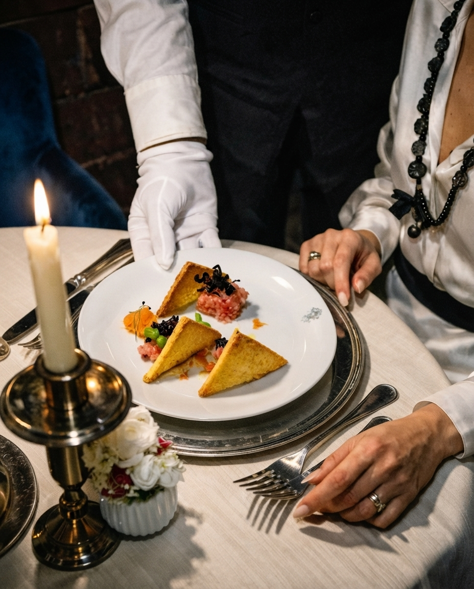 Professional waiter in white gloves serving a gourmet candlelit dish at a fine dining table