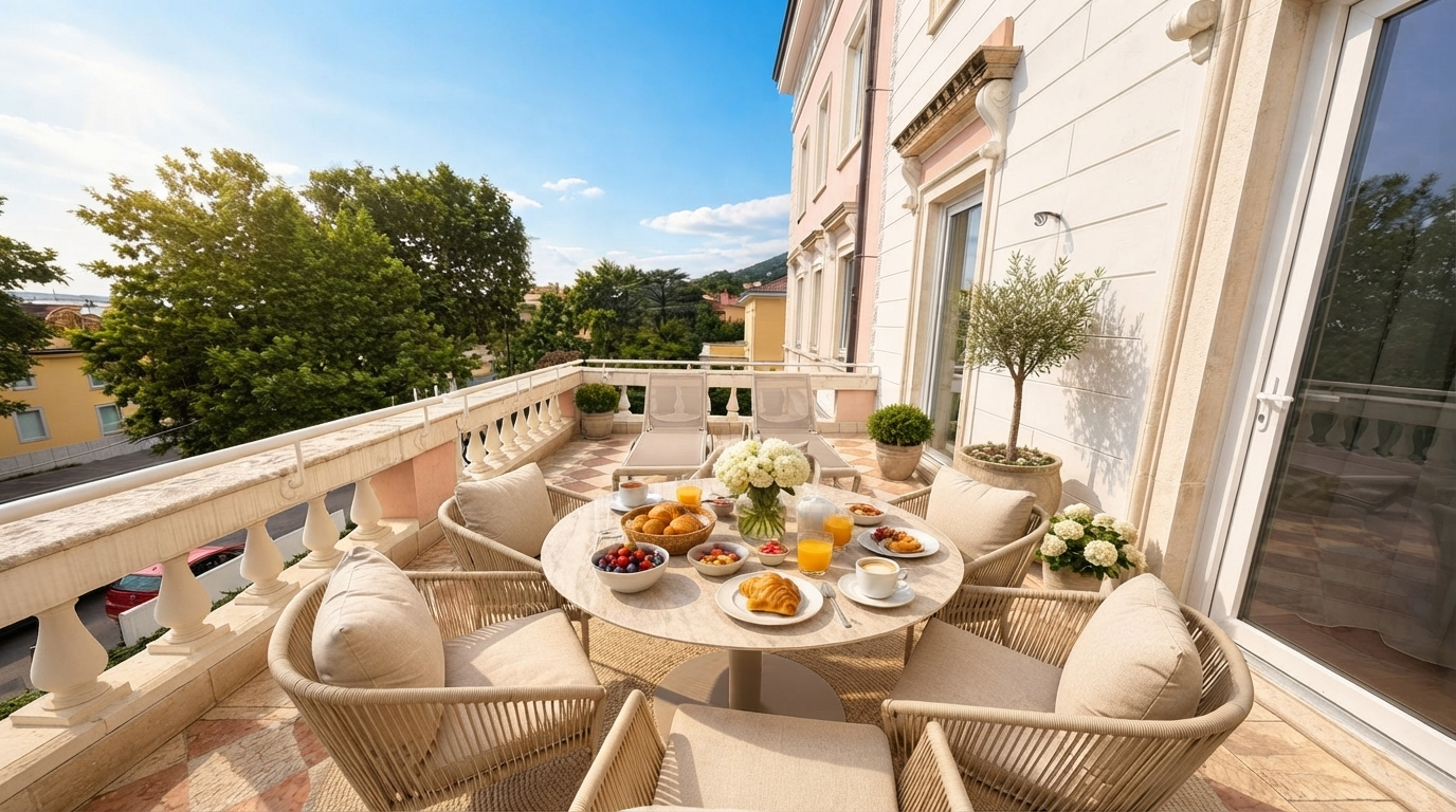 Breakfast table set with fruits and pastries on the hotel sunlit terrace