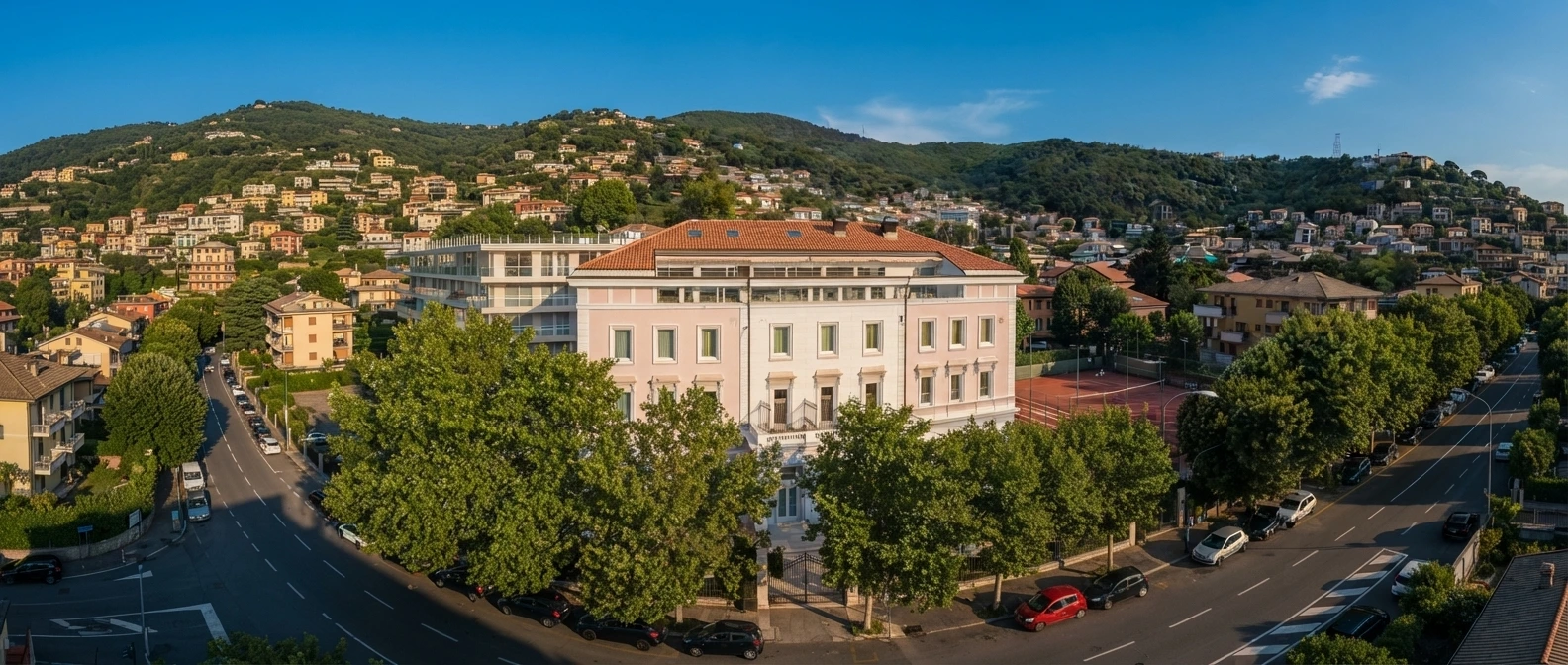 Panoramic view of the Gulf of Trieste coastline at Barcola from Hotel Maria Theresia