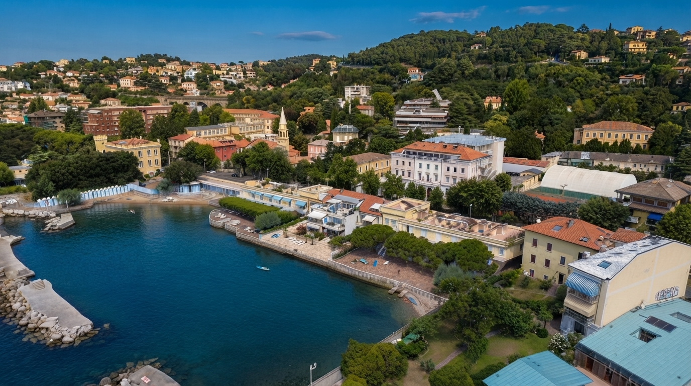 Aerial perspective of the Barcola waterfront and coastal setting in Trieste