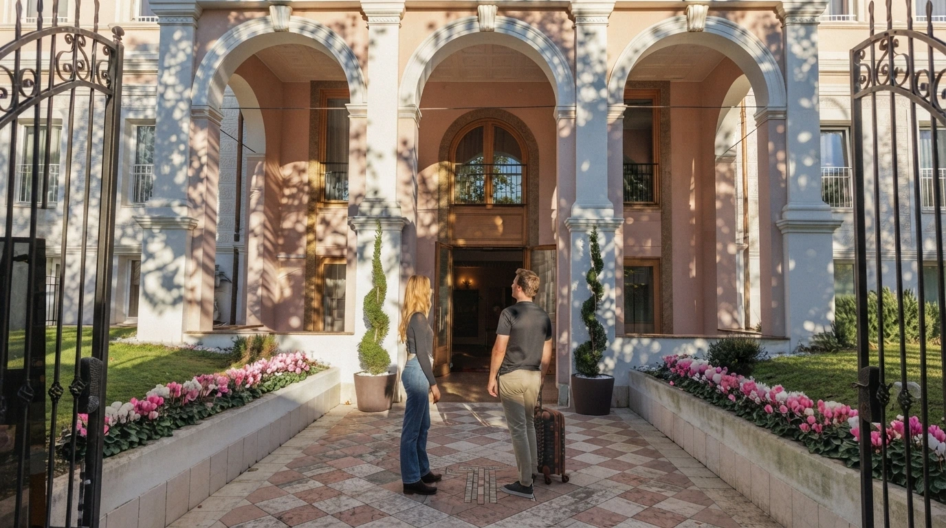 Welcoming colonnade and arrival entryway at Hotel Maria Theresia Trieste