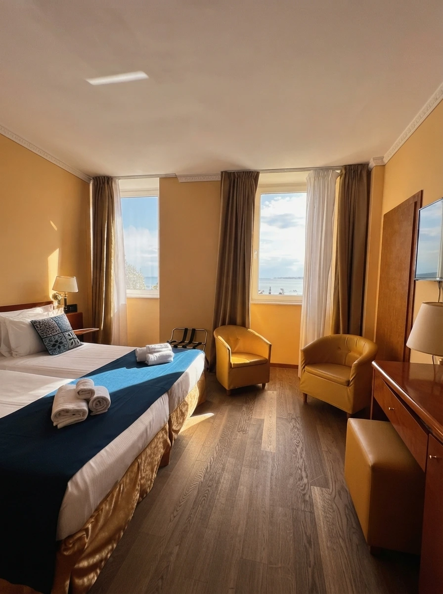 Elegantly appointed Classic Seafront Room featuring warm wood furnishings and large window