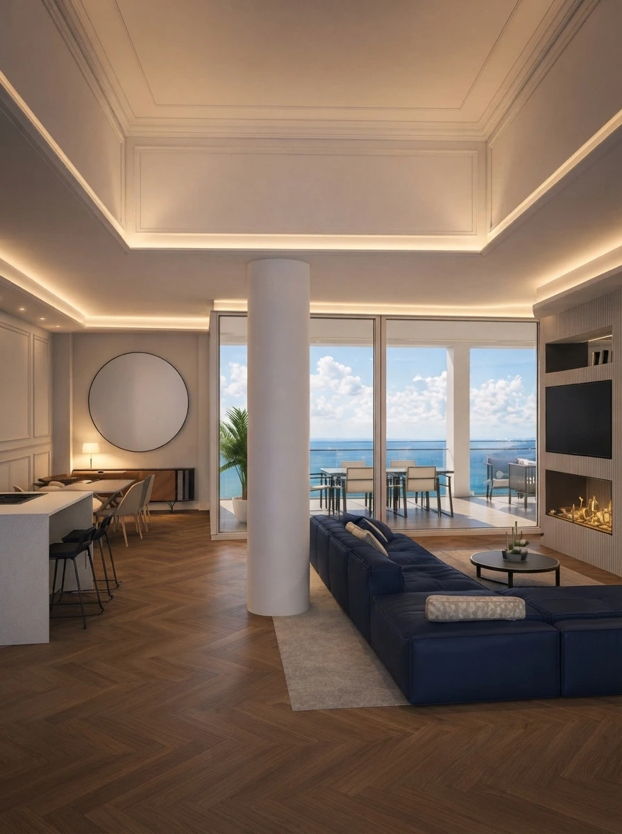 Top-floor sea-facing penthouse suite with modern luxury lounge seating