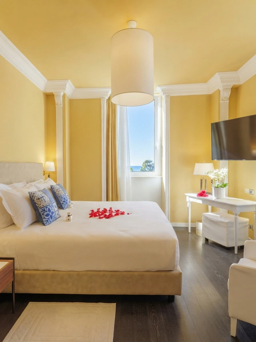 Spacious Deluxe Gulf View Suite with golden palette and panoramic Adriatic view